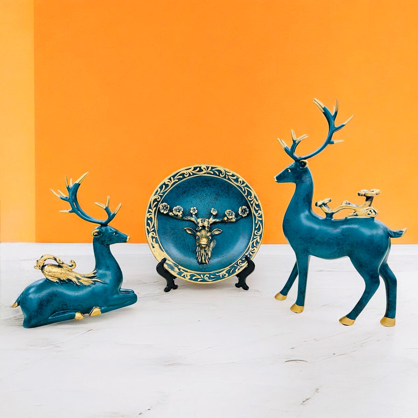 ARTISTIC BLUE DEER SET WITH EURO CERAMIC PLATE SHOWPIECE