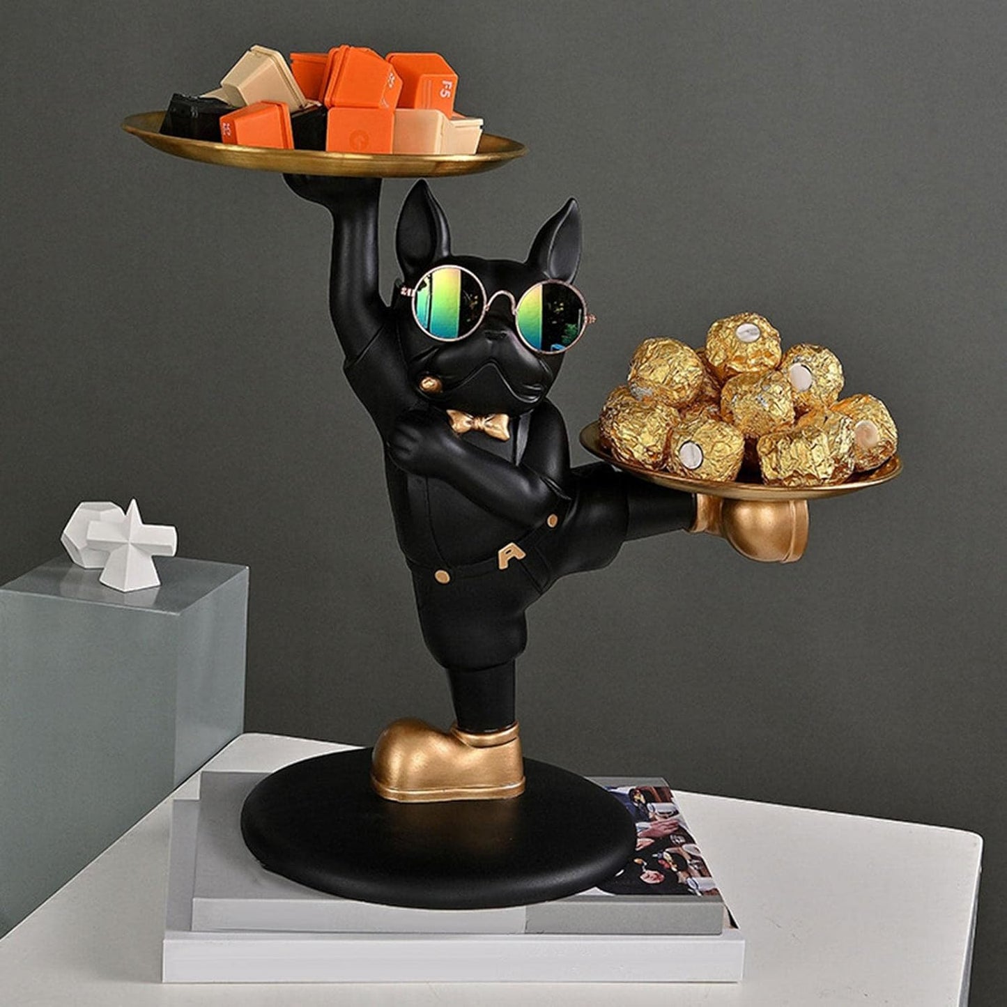 Luxury French Bulldog Butler Tray – Black & Gold Decorative Stand