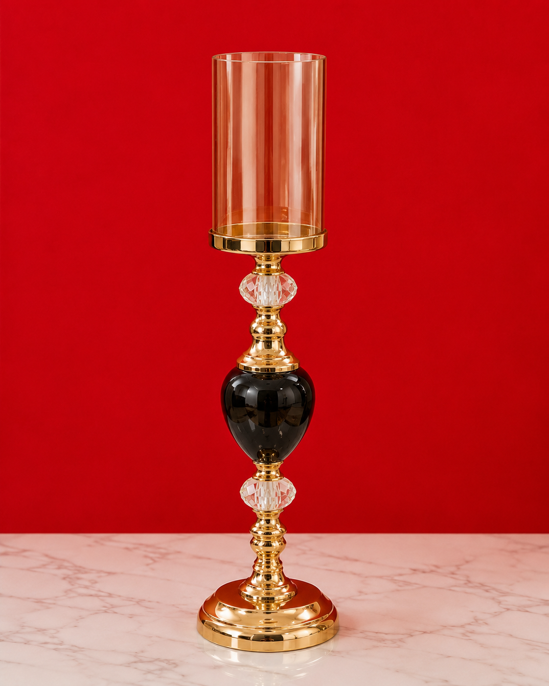 Luxury Crystal Glass Hurricane Candle Stand – 16 Inch Gold & Black Metal Decorative Candle Holder for Living Room, Dining Table, Wedding & Home Decor