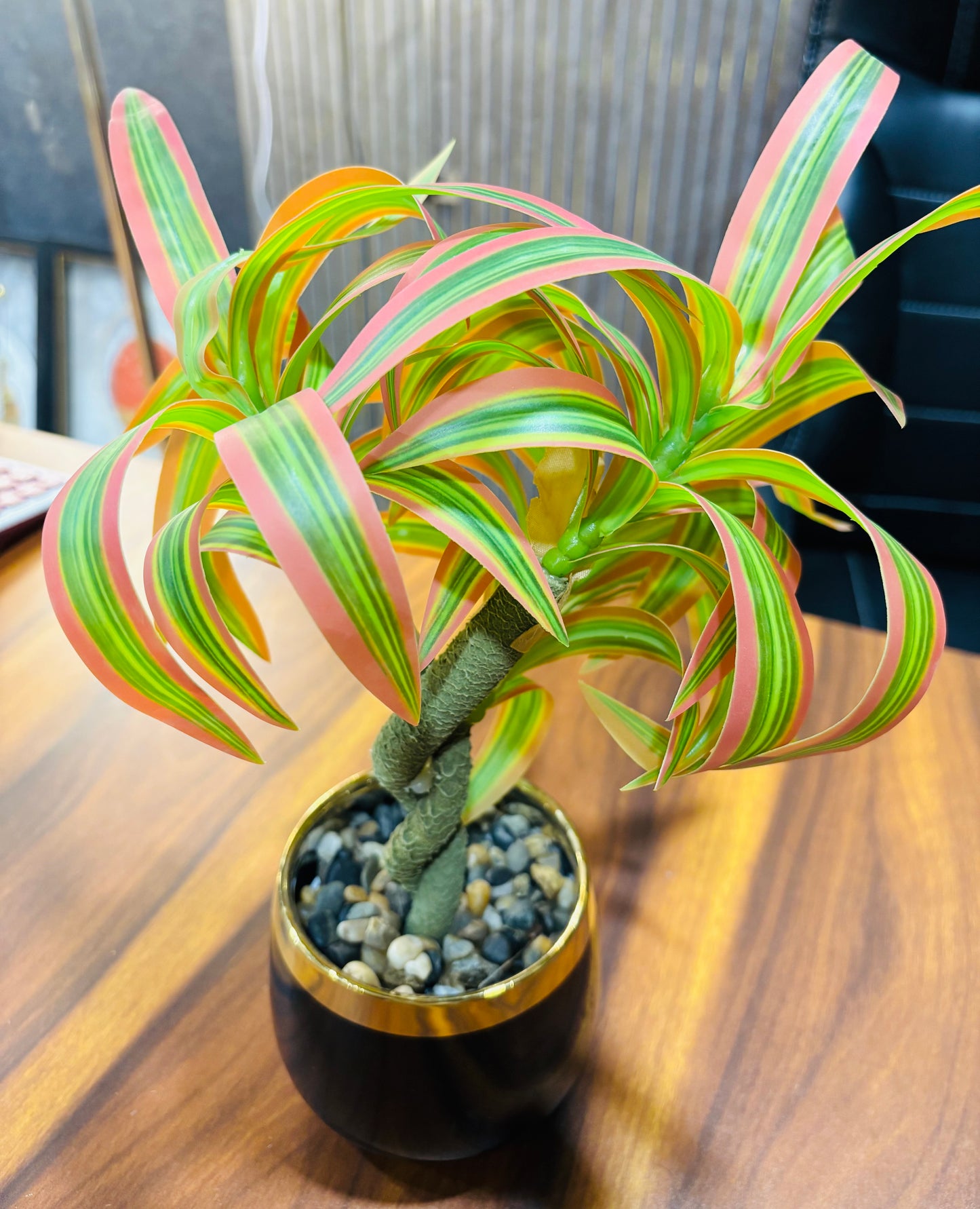 Premium Artificial Dracaena Plant with Black & Gold Ceramic Pot | Realistic Decorative Indoor Tabletop Plant for Home & Office Décor