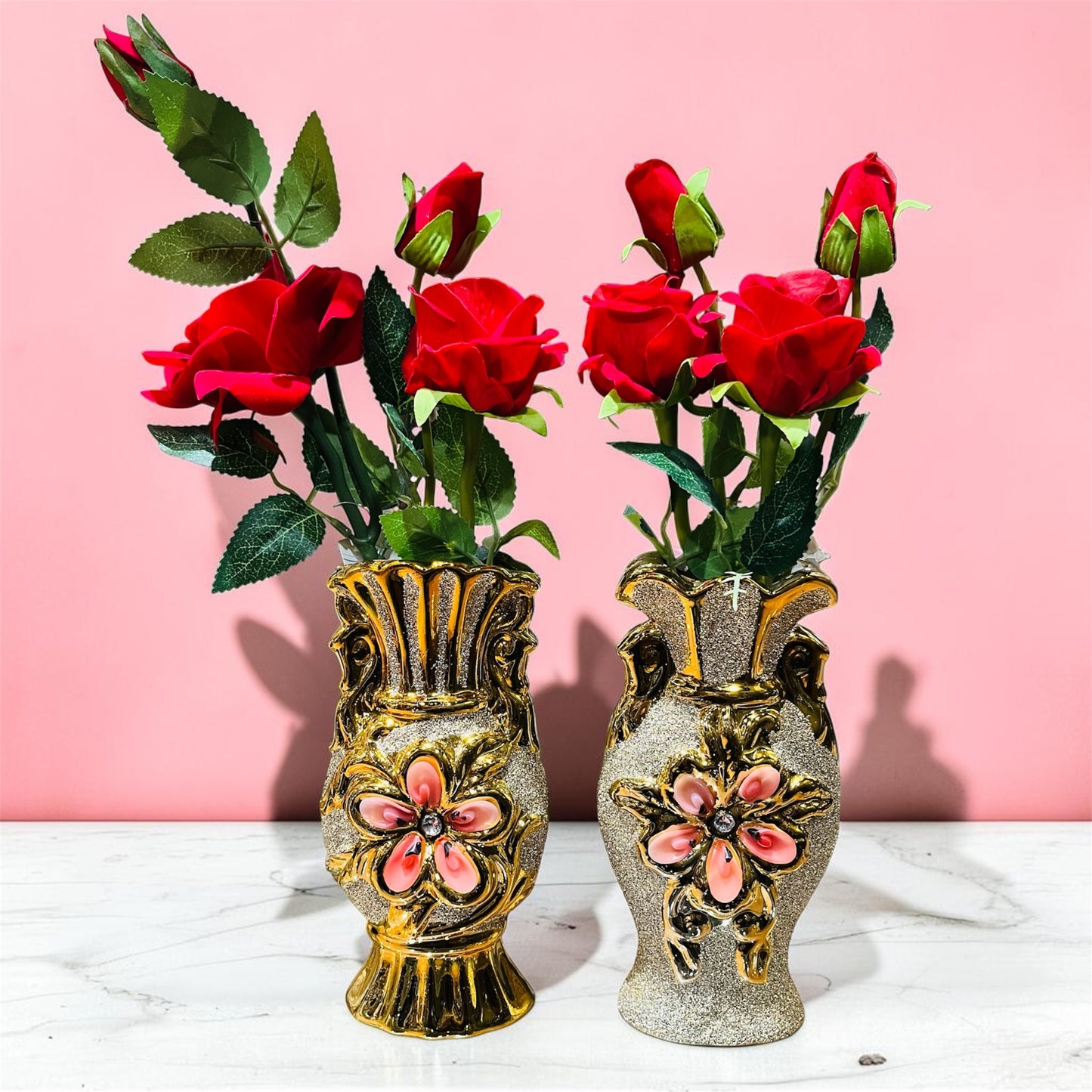 Resin Ornate Glitter Gold Vase with Artificial Rose Stem 8 Inch