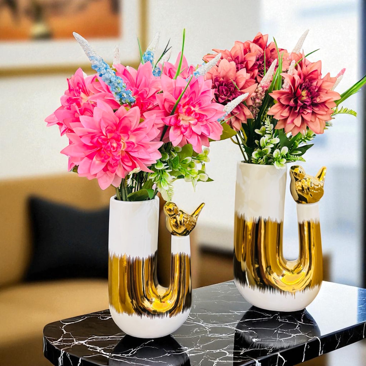 Modern Golden U-Shaped Metal Vase Set with Bird Accent