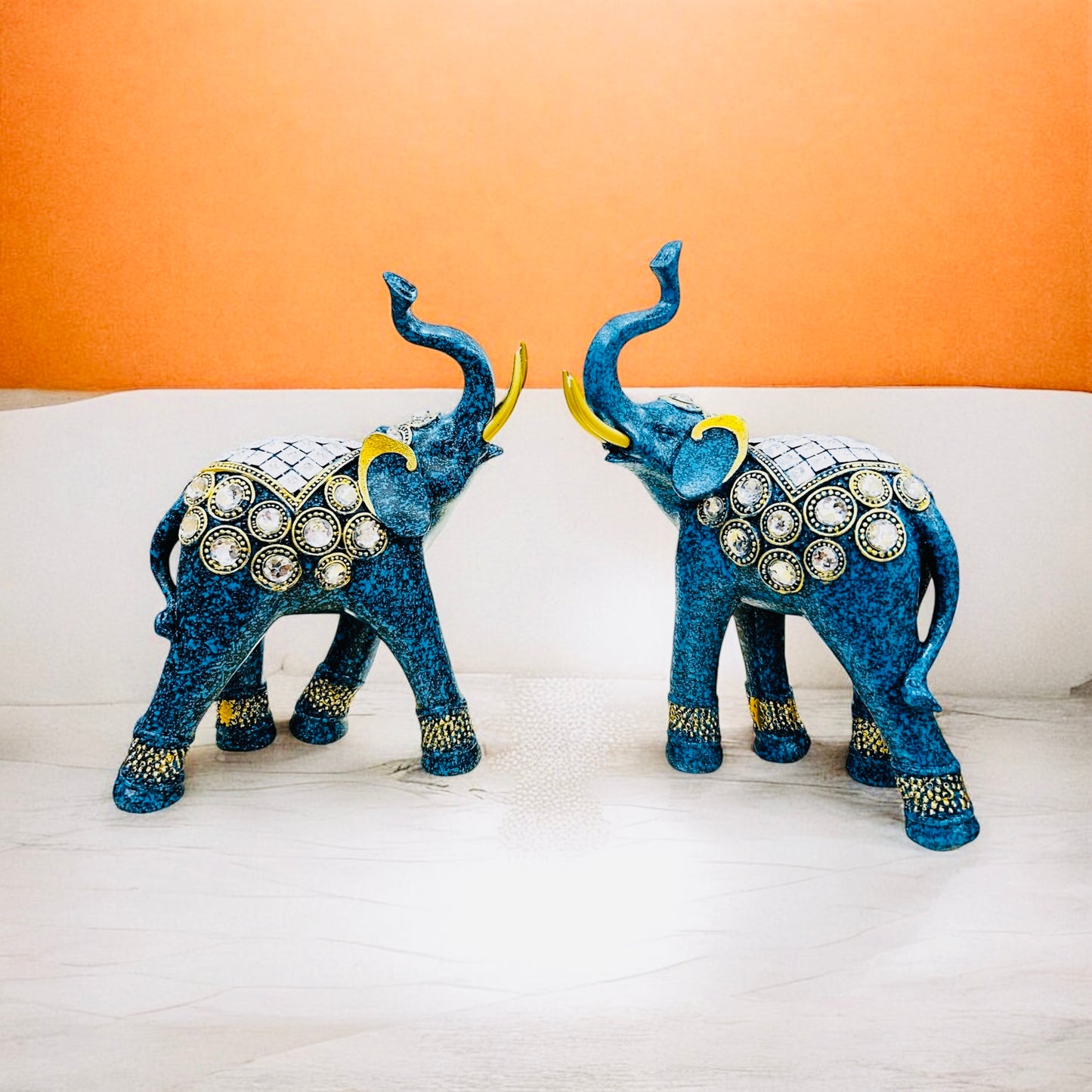 Blue Elephant Statues with Silver Accents - Unique Home Decor