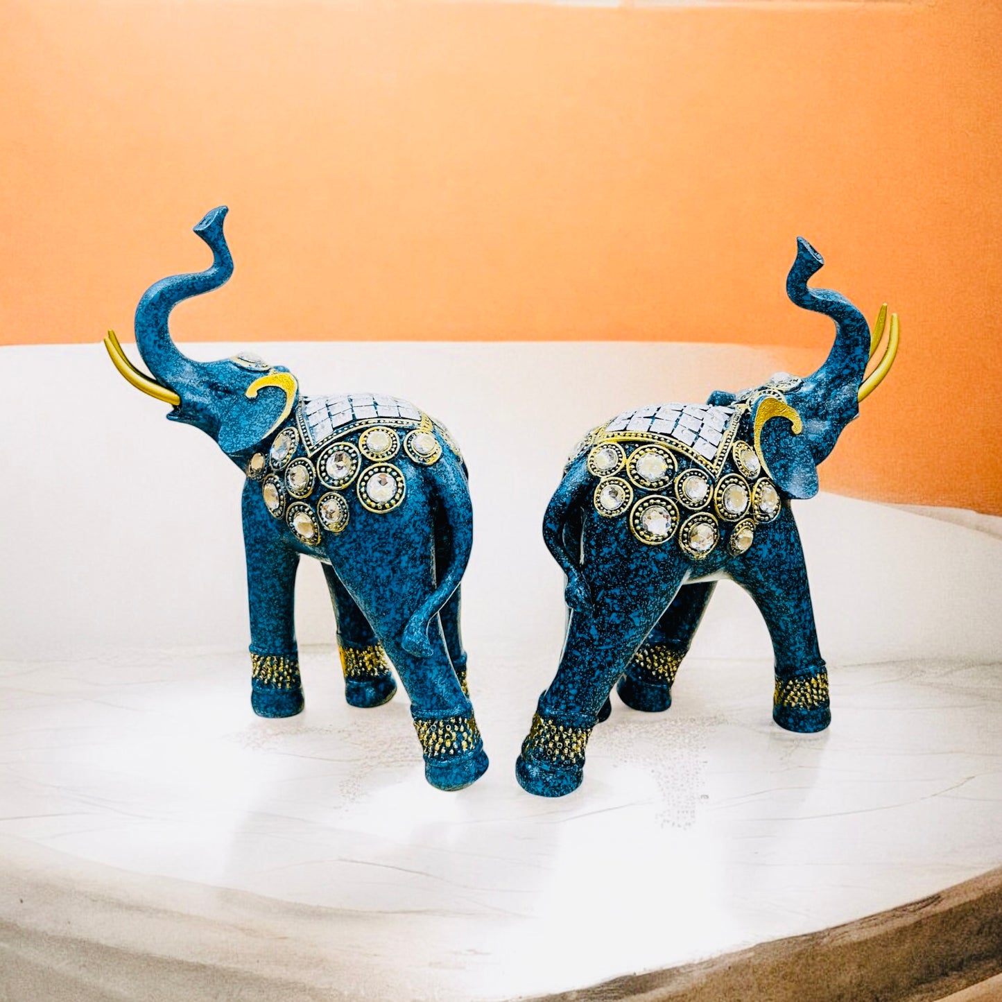 Blue Elephant Statues with Silver Accents - Unique Home Decor
