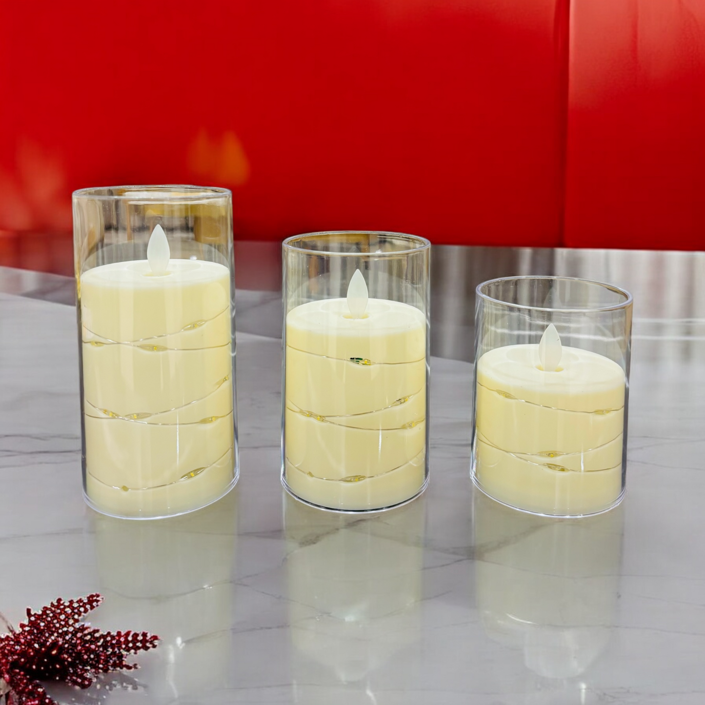 Artificial Candles with Glass Set of 3 – Warm Glow with String Lights for Ambient Decor
