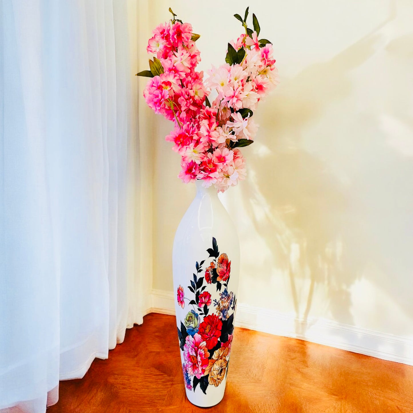 Colorful Floral Printed Tall Metal Cylindrical Floor Vase for Stylish Home Decor
