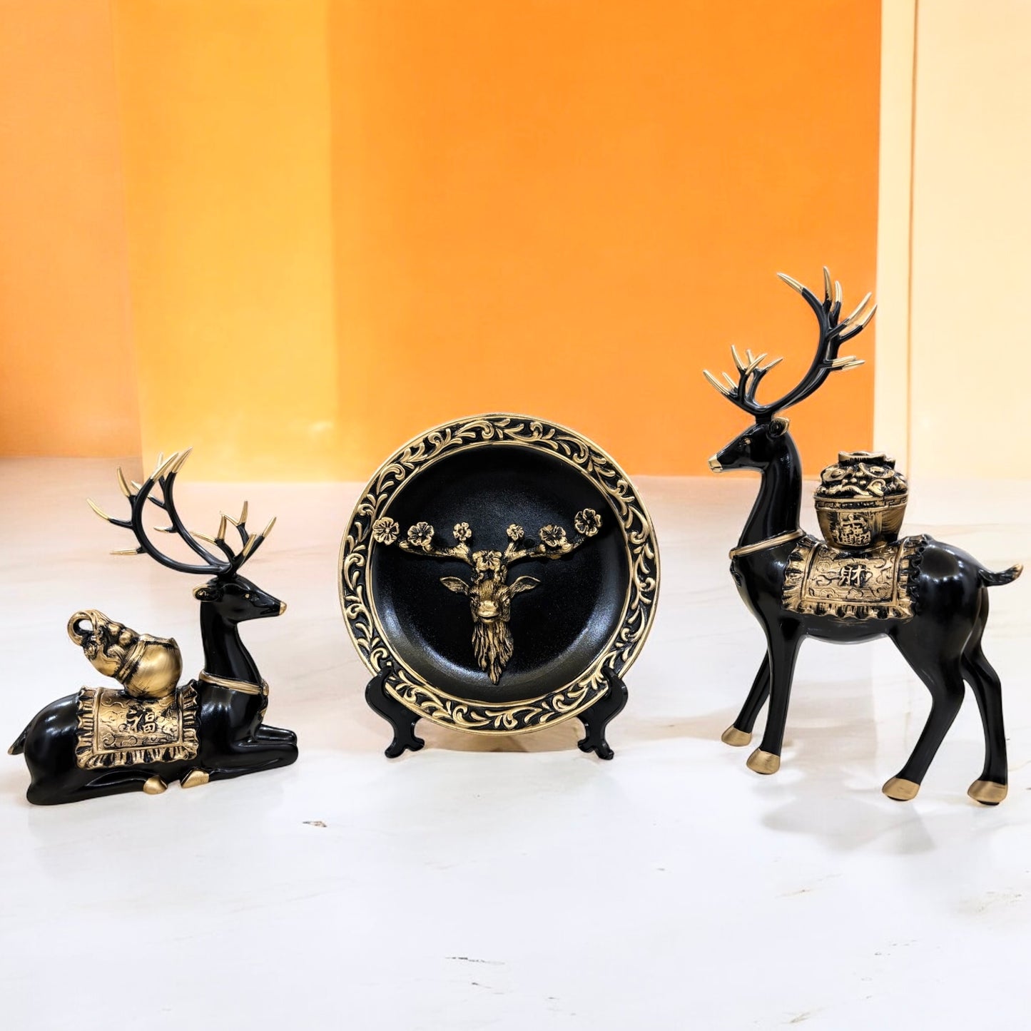 ARTISTIC BLACK DEER SET WITH EURO CERAMIC PLATE SHOWPIECE