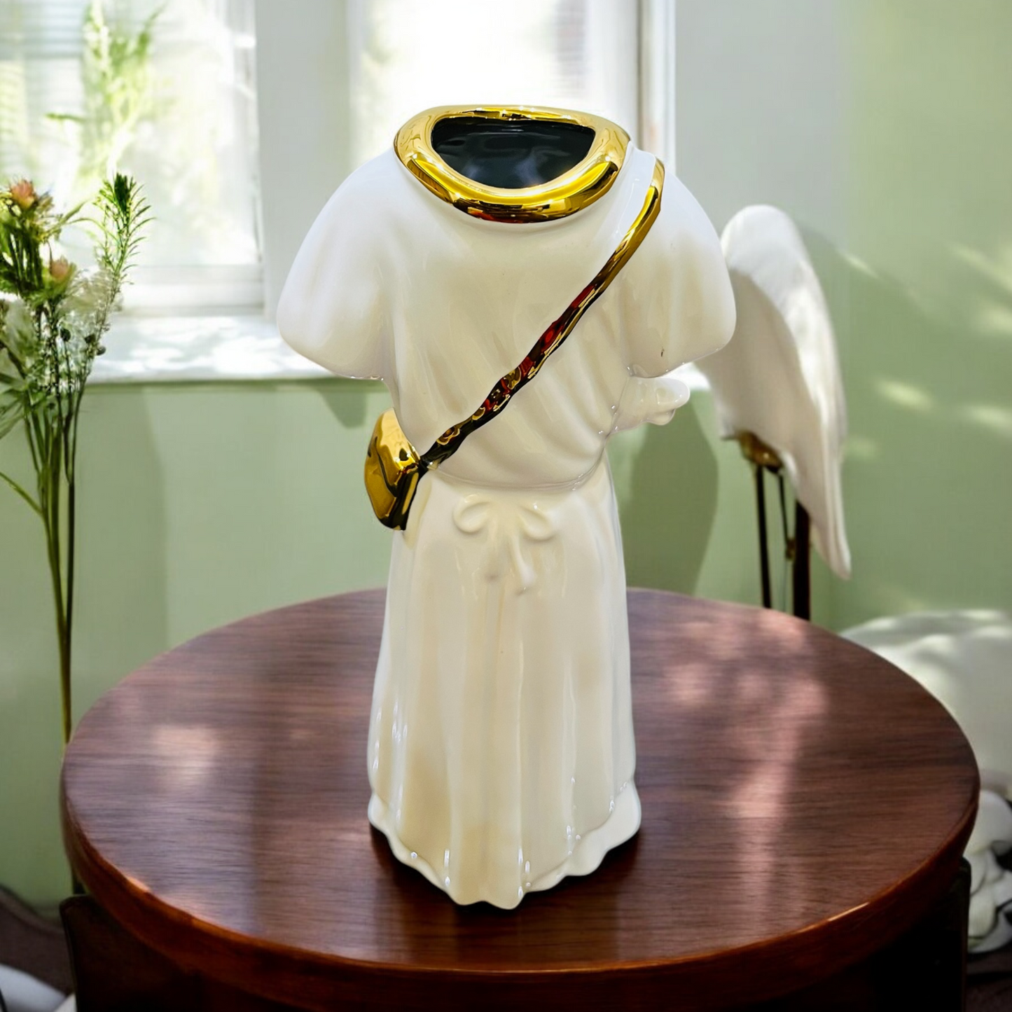 Stylish Couple Flower Vase Set of 2 in White Dresses with Chic Golden Bags