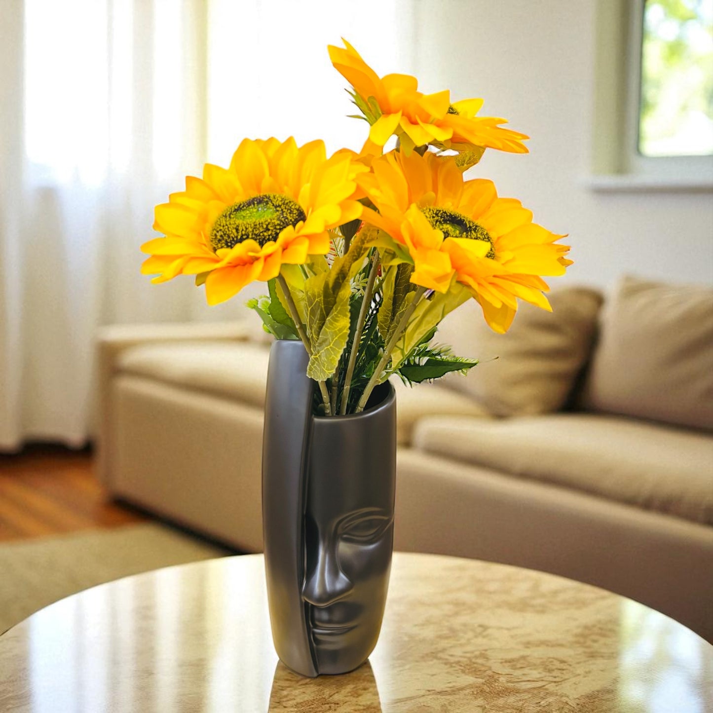 Modern Abstract Black Polystone Face Vase