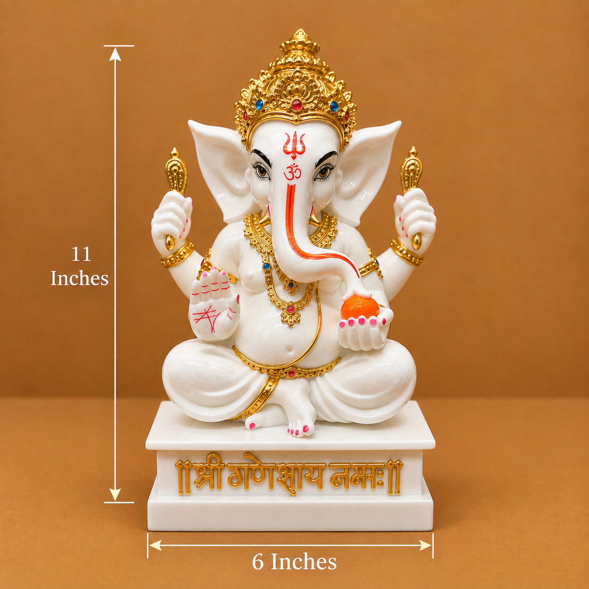 Premium White & Gold Ganesh Ji Showpiece with “Shree Ganeshaya Namah” Base – 11 Inch