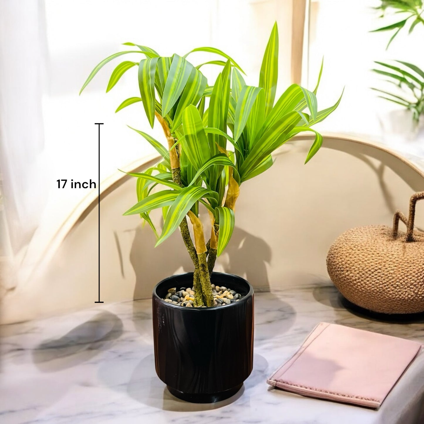 Artificial Cornstalk Plant in Ceramic Pot with Pebbles