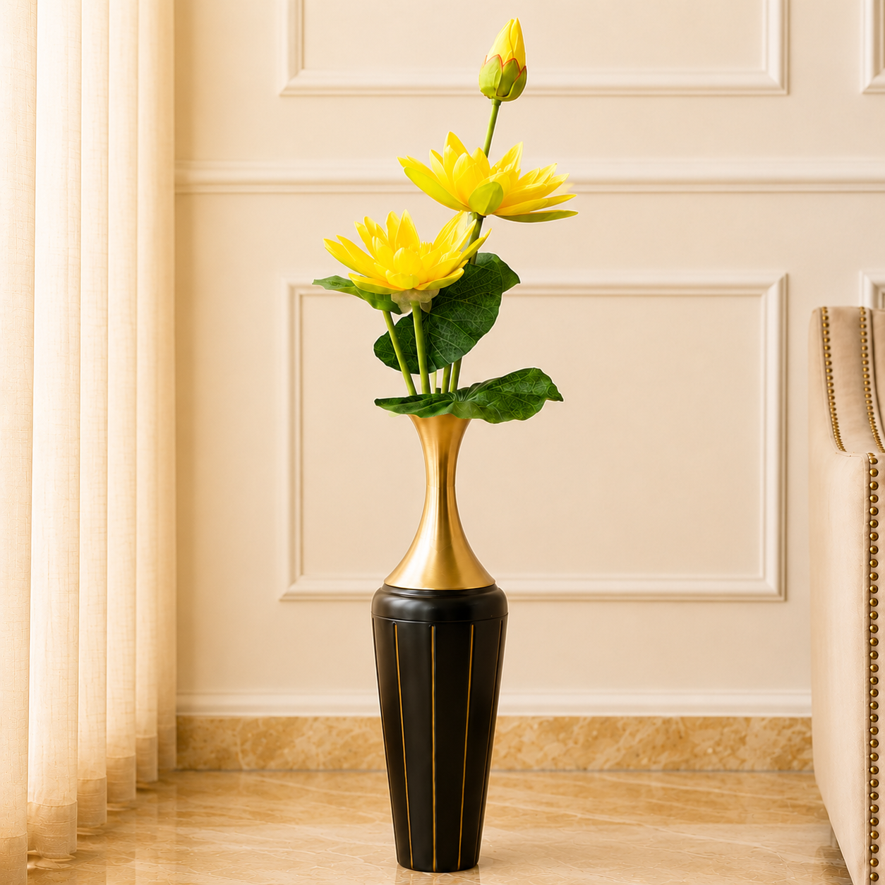 Luxury Black & Gold Metal Floor Vase – 36 Inches | Tall Modern Decorative Vase