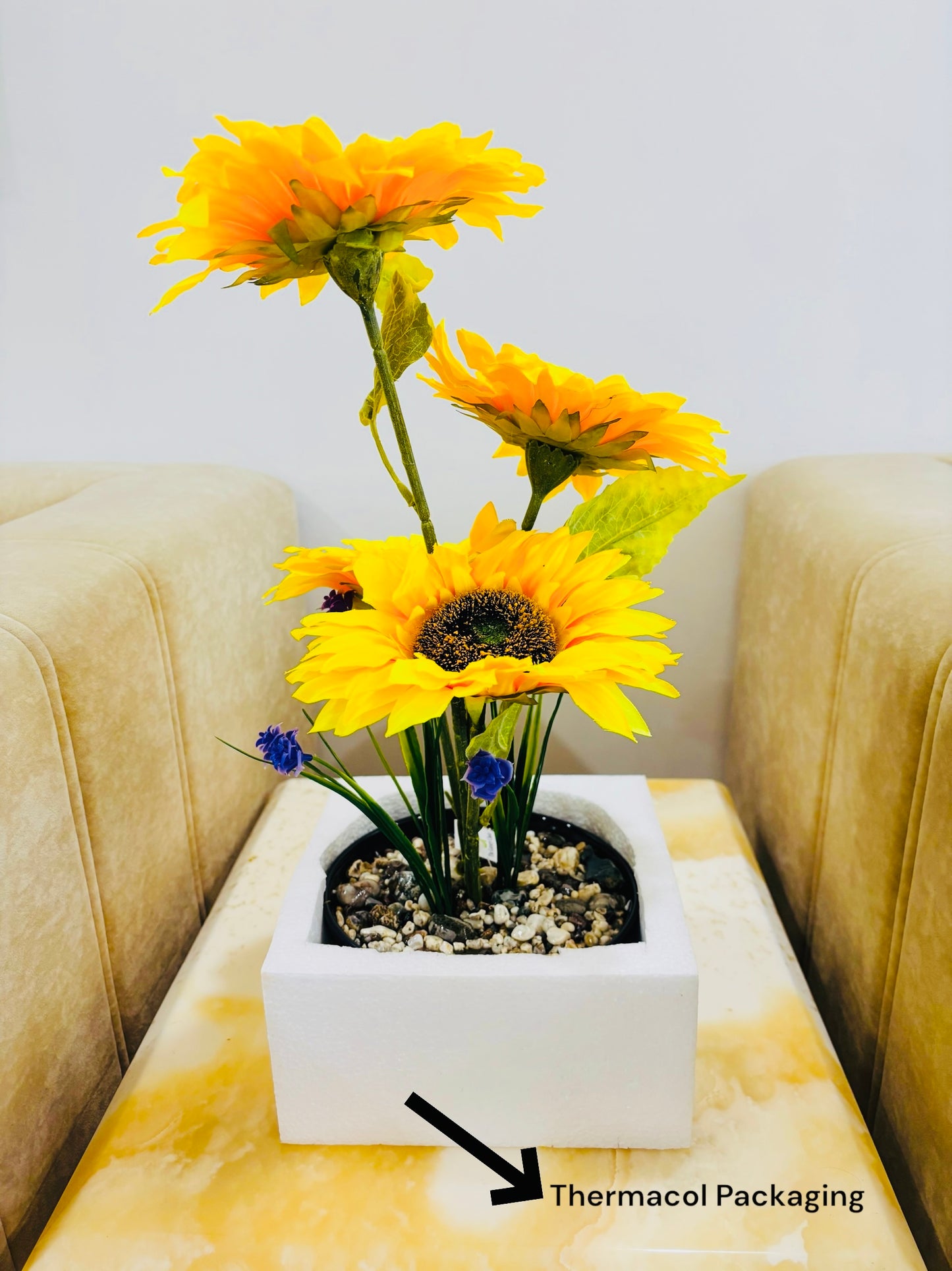 Artificial Sunflower Plant in Ceramic Pot with Pebbles – Realistic Home Decor Accent