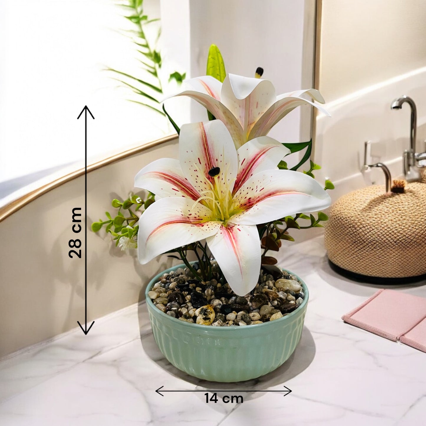 Artificial White Lily Plant in Ceramic Pot with Authentic Pebbles - Elegant Home and Bathroom Décor