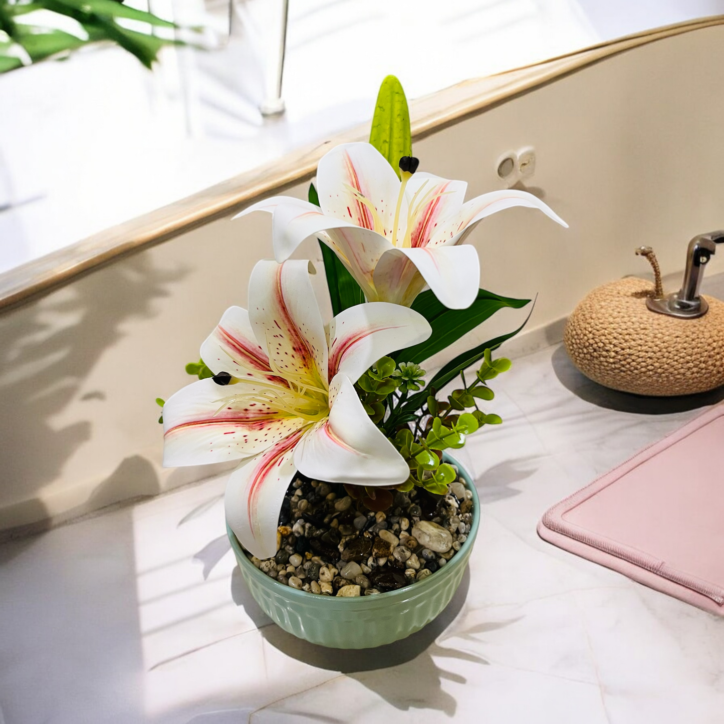 Artificial White Lily Plant in Ceramic Pot with Authentic Pebbles - Elegant Home and Bathroom Décor