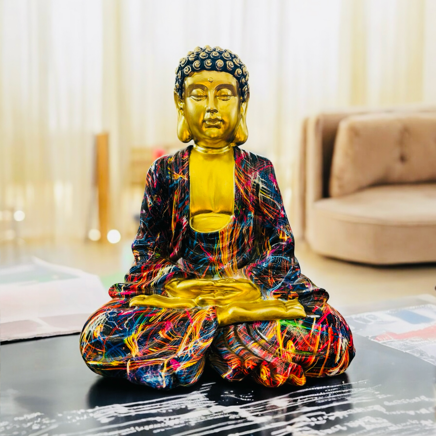 Meditating Golden Buddha Showpiece Multi-color shade