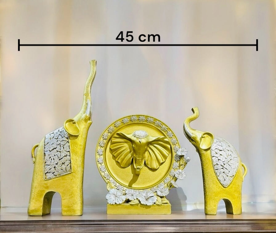 Artistic Golden Elephant Set and Silver Accent With Euro Ceramic Plate Showpiece
