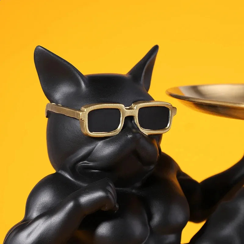 Elegant French Bulldog Butler Tray – Black & Gold Decorative Stand for Home Decor
