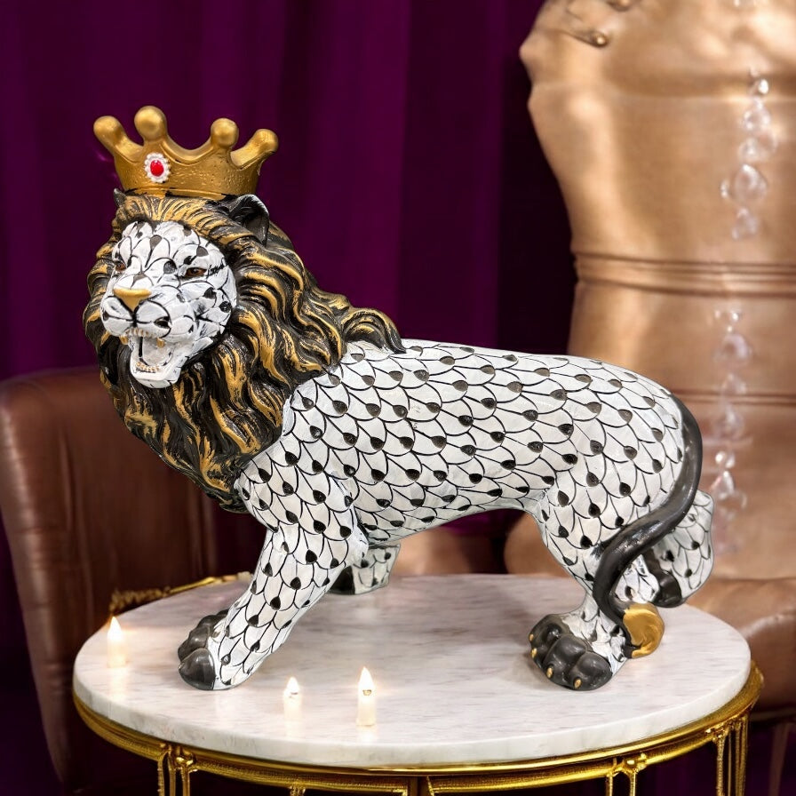 Black and White Crowned Roaring Lion Showpiece