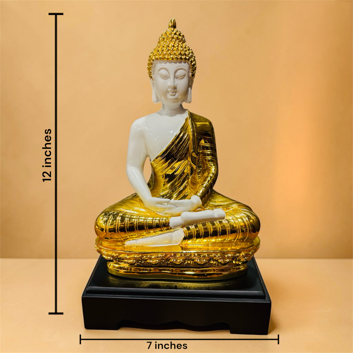 Luxury White & Gold Meditating Buddha Showpiece for Home Décor | Premium Ceramic Buddha Statue | 12 x 7 Inches