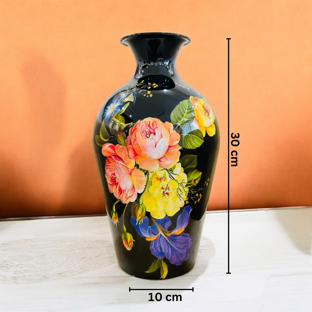 Black Floral Printed Metal Vase for Stylish Table Decor and Home Decor