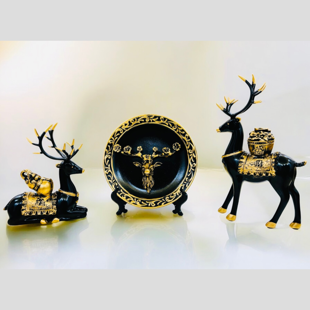 ARTISTIC BLACK DEER SET WITH EURO CERAMIC PLATE SHOWPIECE