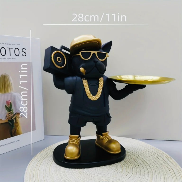 Luxury French Bulldog Butler Tray – Black & Gold Decorative Stand for Table Decor Home Decor