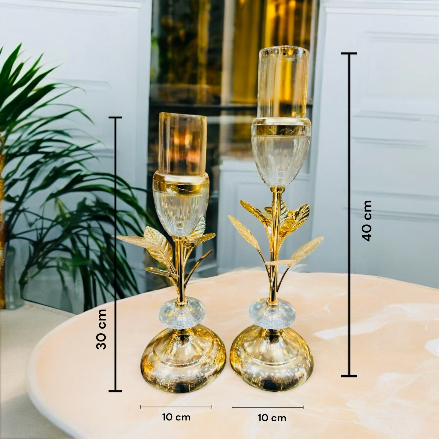 Ornate Leaf & Glass Candle Stand Set Ideal for Home Decor