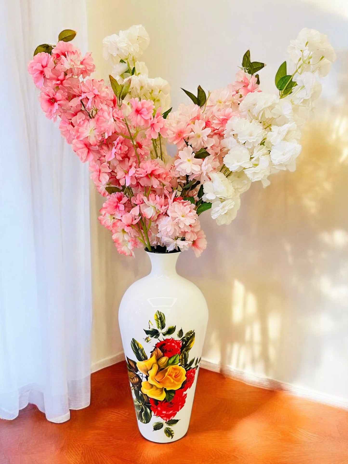 Colorful Floral Printed Metal Cylindrical Vase for Stylish Home Decor