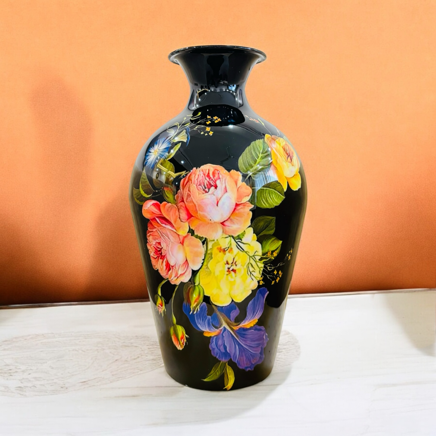 Black Floral Printed Metal Vase for Stylish Table Decor and Home Decor