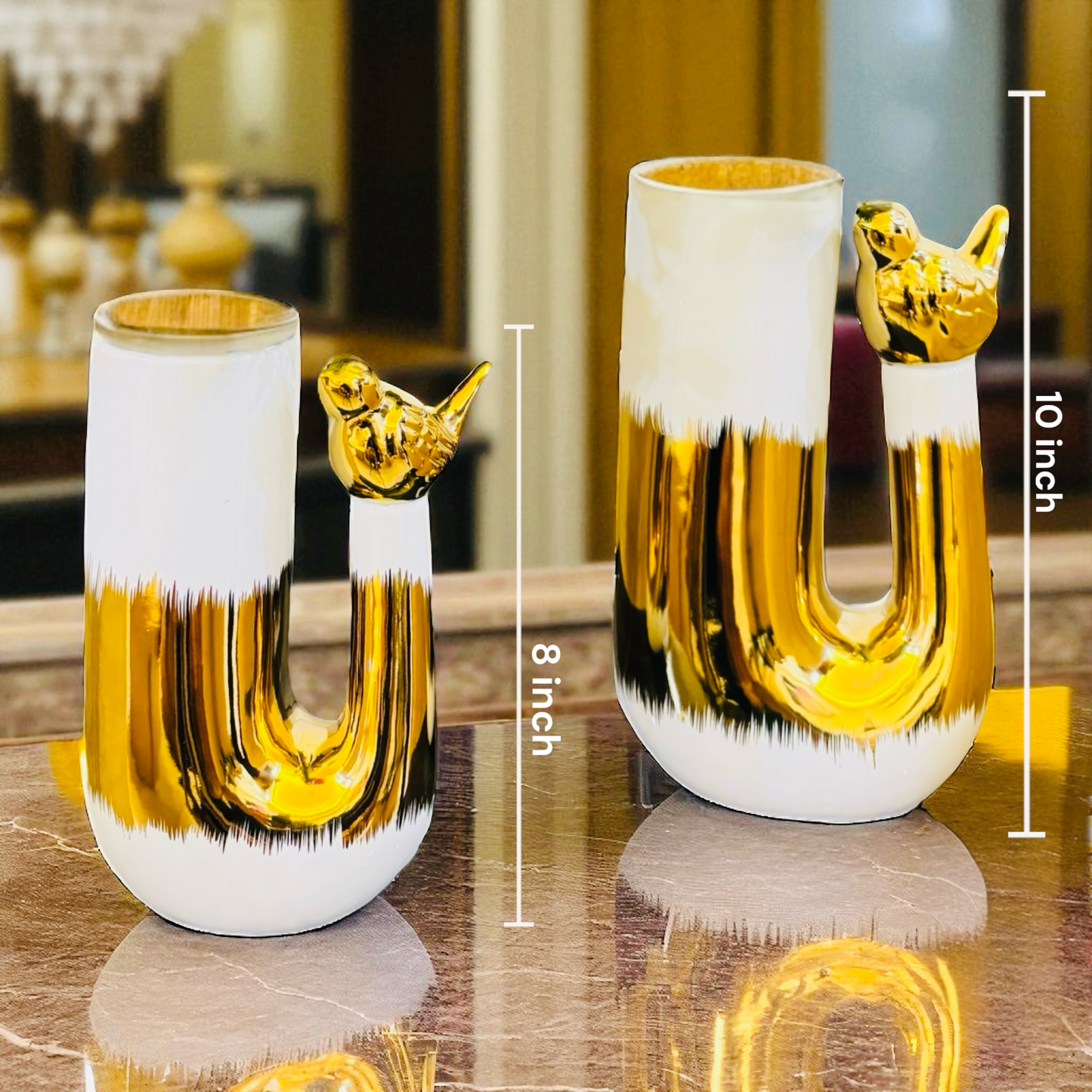 Modern Golden U-Shaped Metal Vase Set with Bird Accent