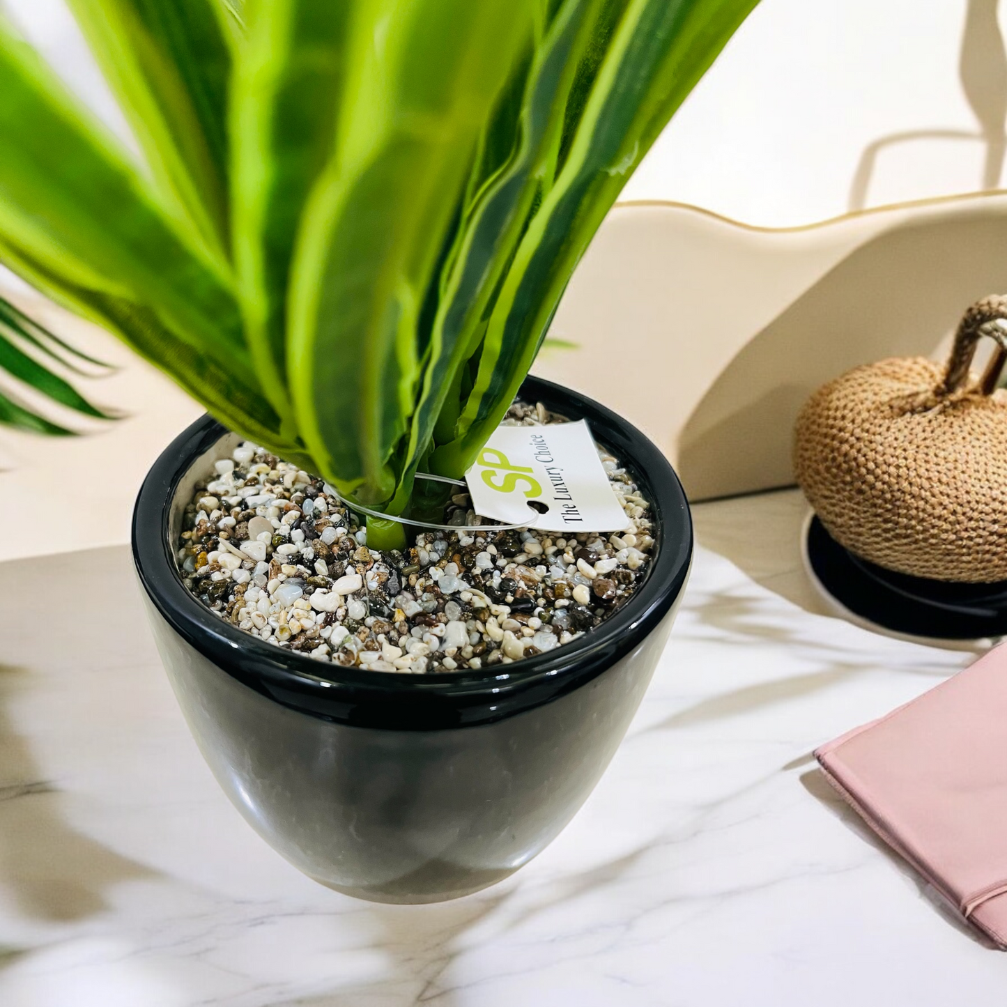 Artificial Spider Ivy Plant with Authentic Pebbles in Ceramic Pot - Perfect for Bathroom & Home Decor