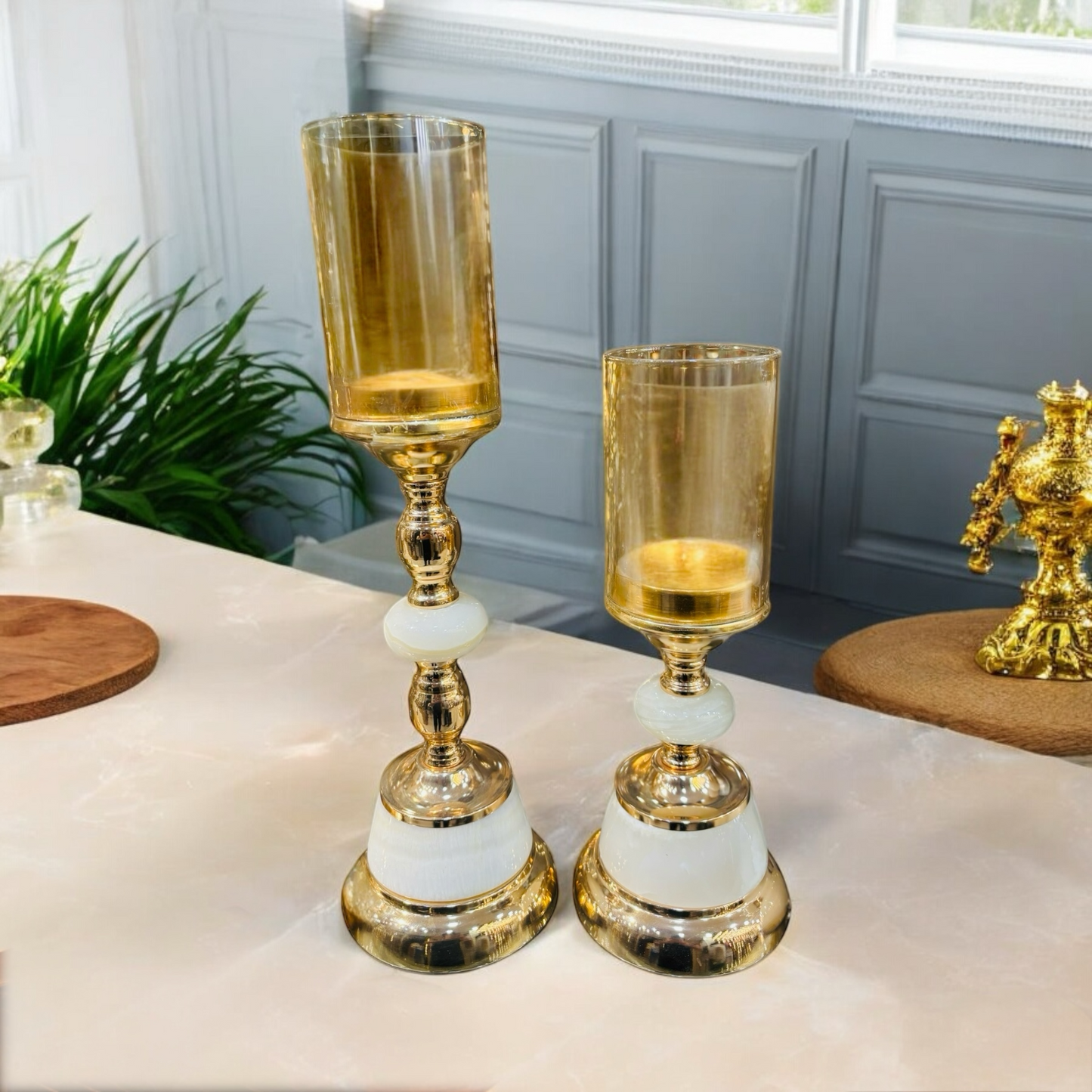 Grandeur Marble & Gold Candle Holder Set of 2 for Table Decor and Home Decor