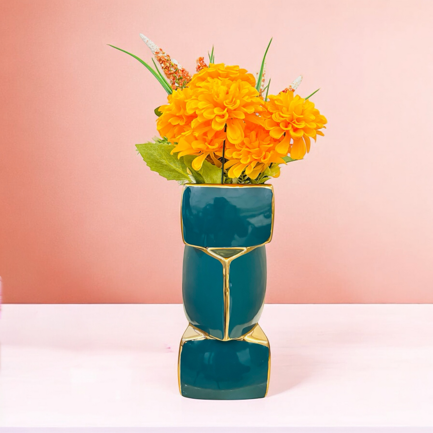 Modern Geometric Metal Vase with Glossy Teal and Gold Finish
