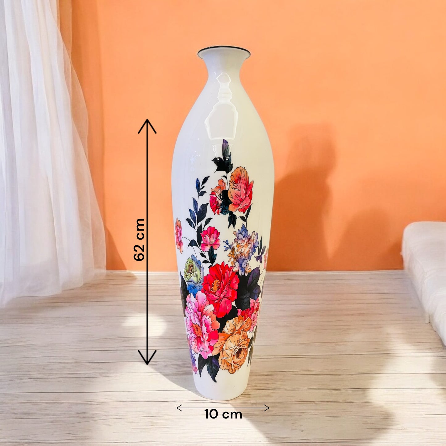 Colorful Floral Printed Tall Metal Cylindrical Floor Vase for Stylish Home Decor