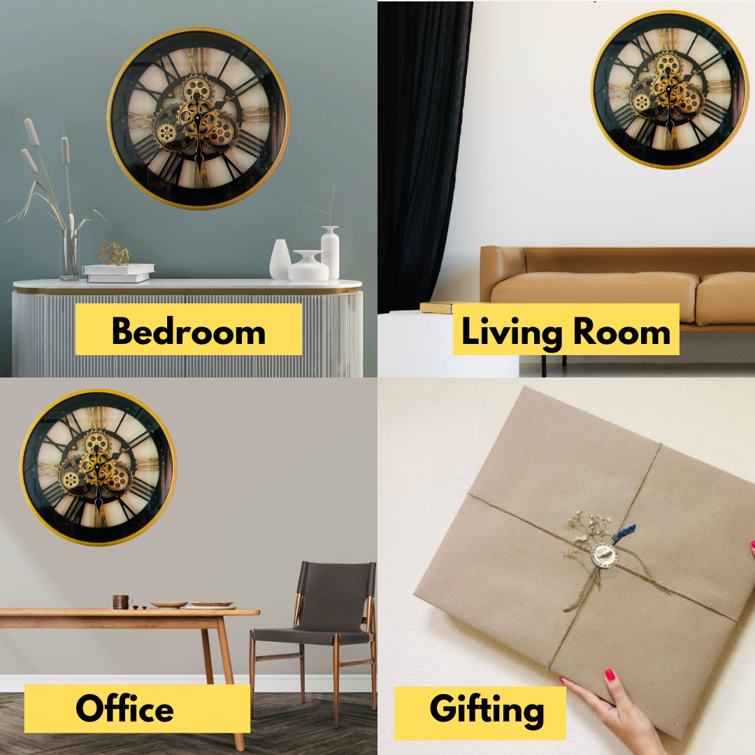 Minute Master Designer Wall Clock With Moving Gear Mechanism with Golden Frame