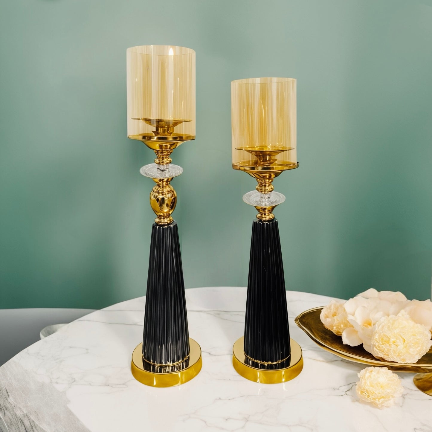 Elegant Gold & Black Glass Candle Holders with Crystal Accents - Set of 2