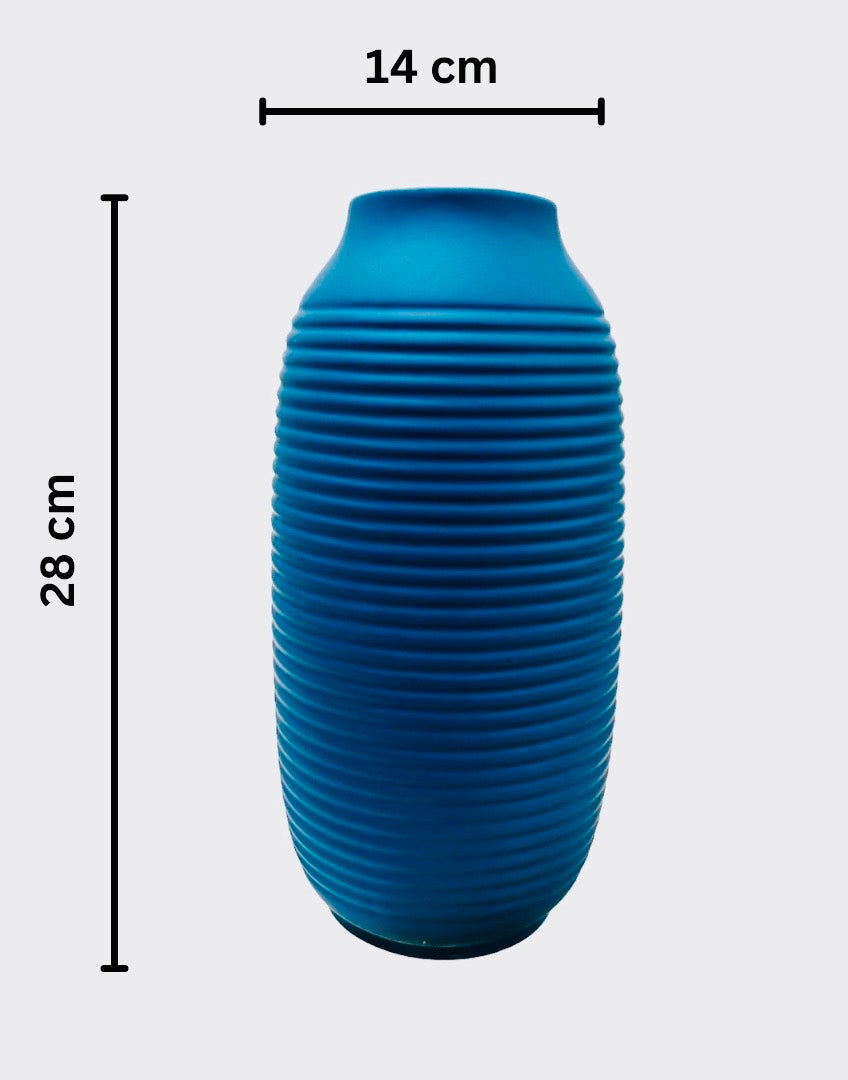 Minimalistic Ceramic Blue Cylinderical Flower Vase with Strips for Home Decor