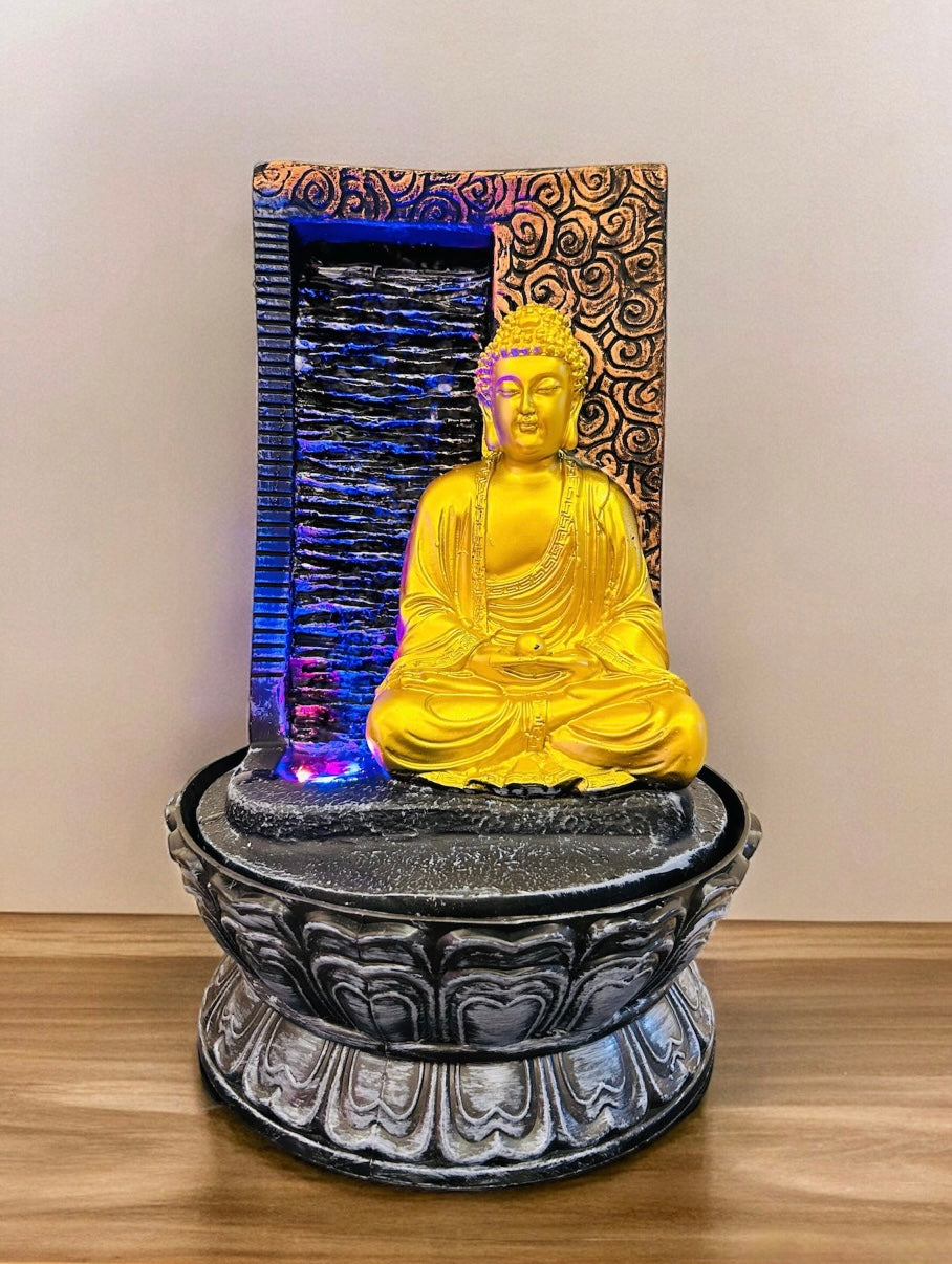 Meditating Buddha Fountain Gold Color with Black Base for Table Decor