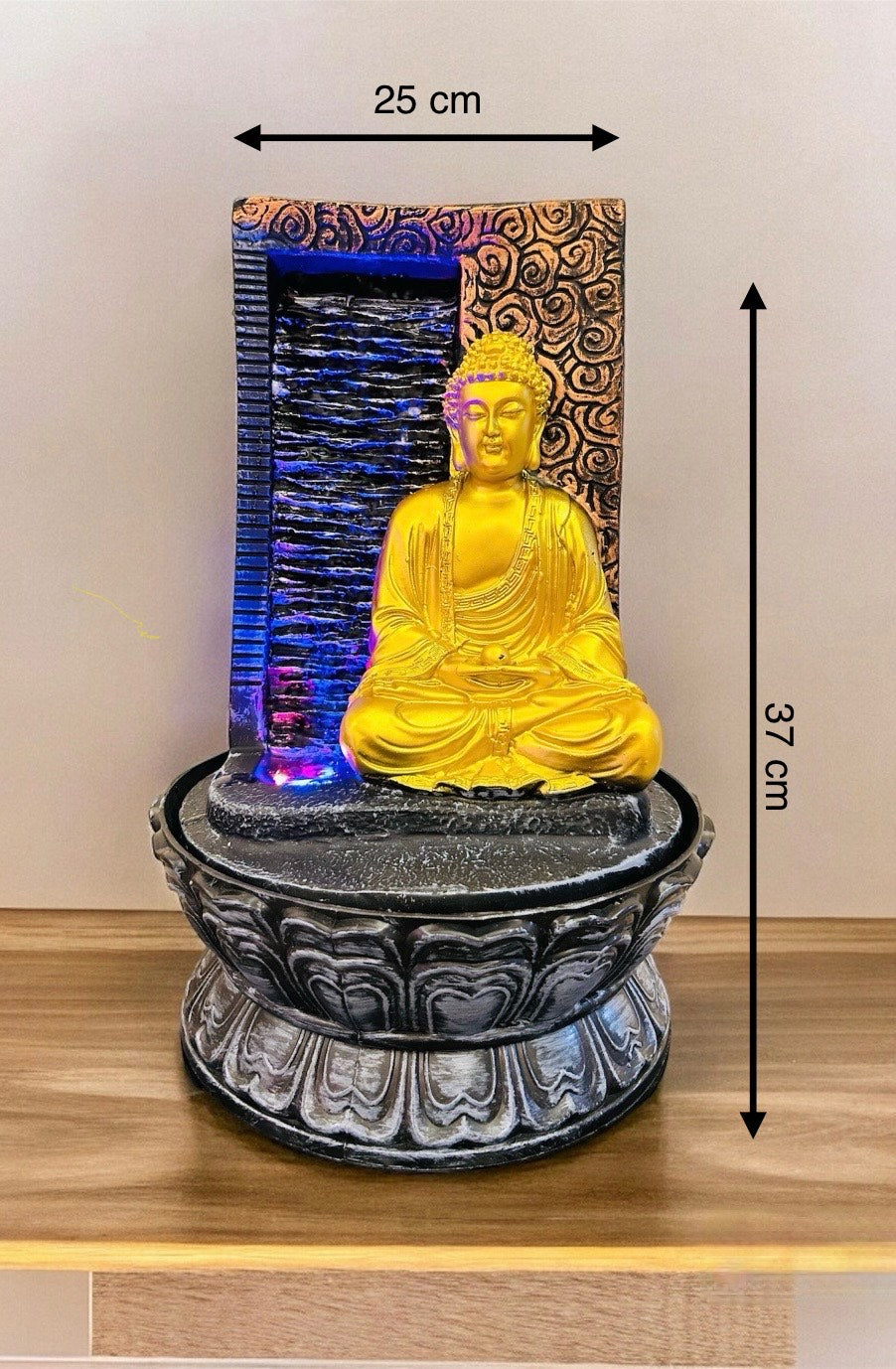 Meditating Buddha Fountain Gold Color with Black Base for Table Decor