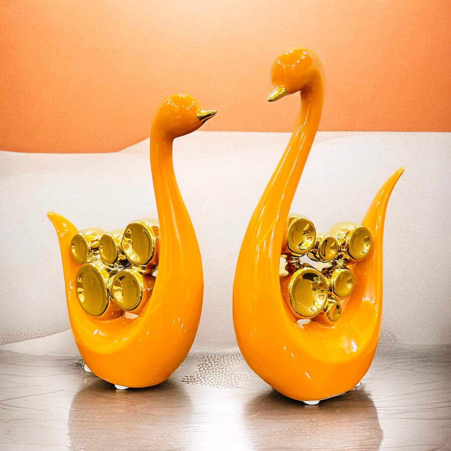 Orange Swan Couple Showpiece for Table Decor
