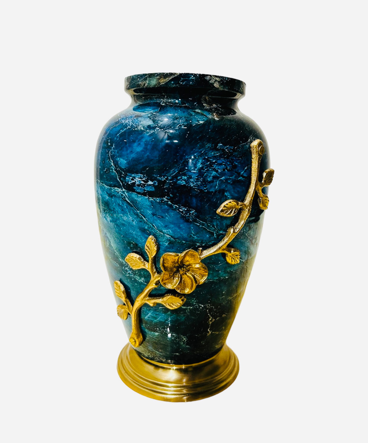 Blue metal table flower vase with metal leaf carving