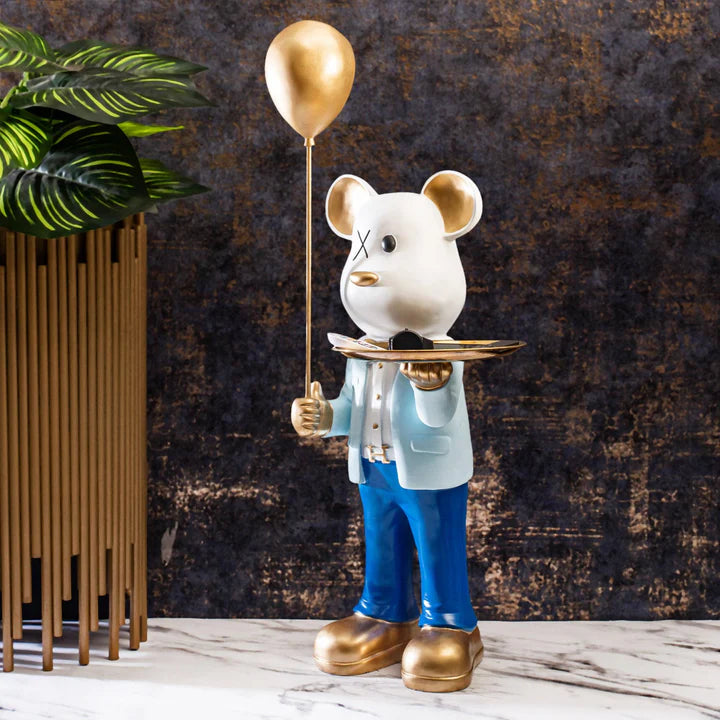 Big Teddy Bear Sculpture With Tray (Blue)