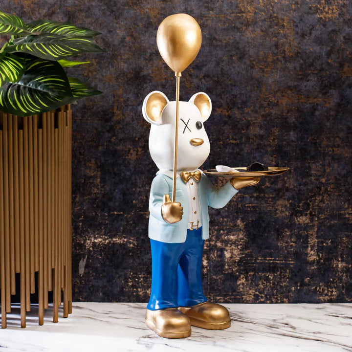 Big Teddy Bear Sculpture With Tray (Blue)