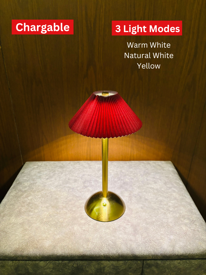 Elegant Gold Table Lamp with Pleated Red Shade