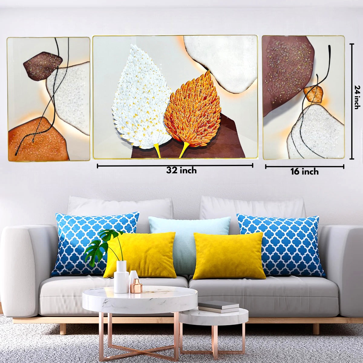 Graphic leaves crystal glass painting Set of 3