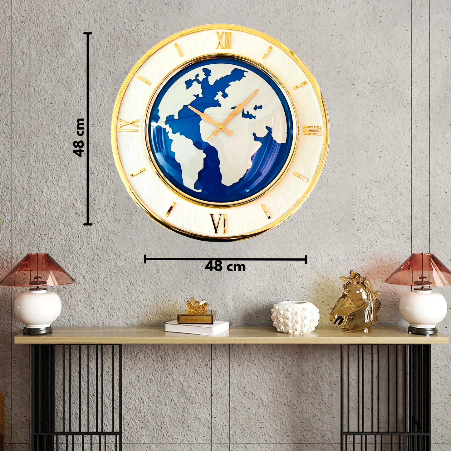 Modern World Map Wall Clock with Golden Frame