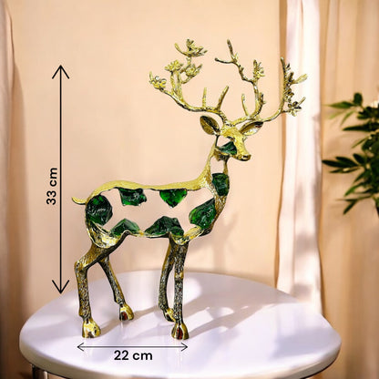 Golden Metal Deer Showpiece with Green Crystal Accents for Home Decor