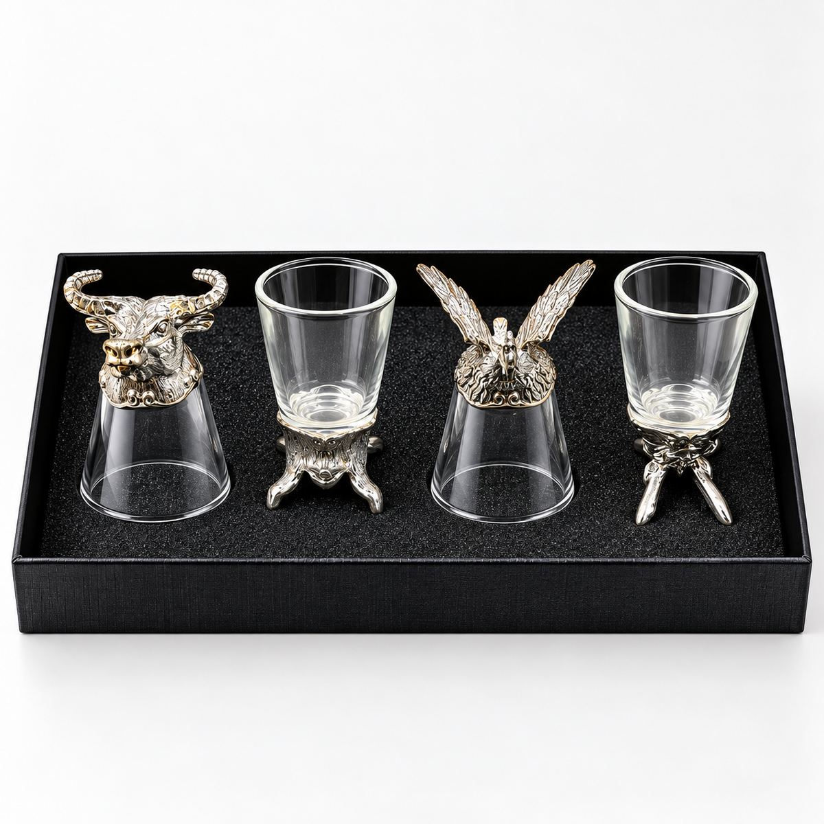 Premium Animal Head Shot Glasses Set with Decorative Metal Bases – Luxury Barware Gift Set (Silver)