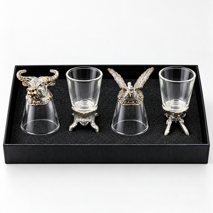 Premium Animal Head Shot Glasses Set with Decorative Metal Bases – Luxury Barware Gift Set (Silver)